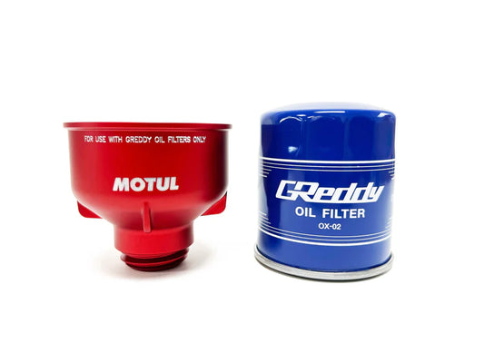 GReddy Performance Parts X Motul Aluminum Funnel / Oil Filter Removal Tool & GReddy Sports Oil Filter Set(s) - 13901601-OX04 - M32xP3.5 / K64 / H65 / M20xP1.5 = most Hon. / Nis. SR20-BLK / VQ /VR