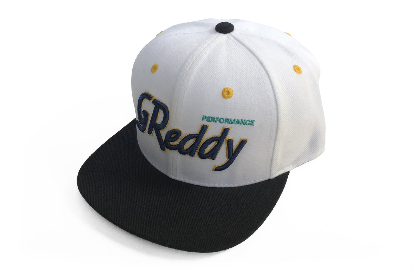 GReddy TRUST Japan GReddy Varsity Script Snap-Back Cap - White and Navy Blue