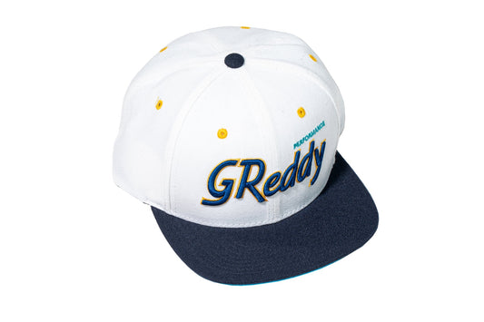 GReddy TRUST Japan GReddy Varsity Script Snap-Back Cap - White and Navy Blue